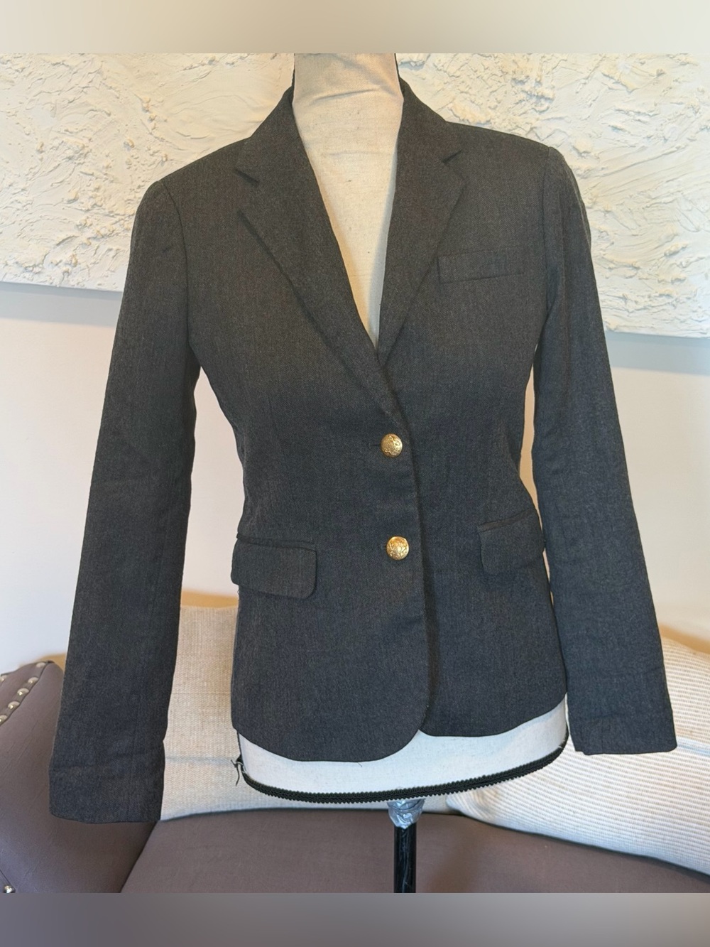 J. Crew Women's Schoolboy Blazer Dark Grey Gold Buttons Wool Size 0